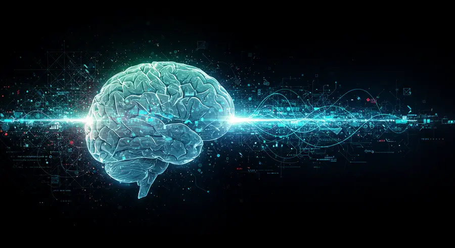 Abstract depiction of a brain-computer interface with neural connections and digital data streams.